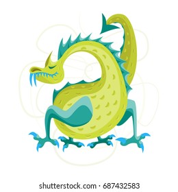 Cartoon Green Fantasy Animal Dragon Cute Magic Air or Water Mythology Monster Flat Style Design. Vector illustration
