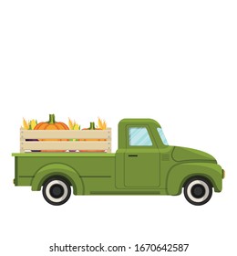 Cartoon Green Farm Truck With Harvest . Vector Illustration