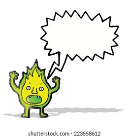 cartoon green fire creature with speech bubble