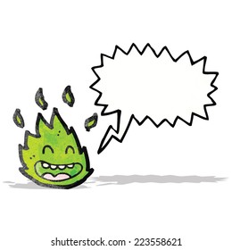 criatura de fuego verde caricatura con burbuja de habla