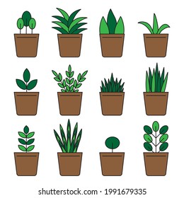 Cartoon green flowerpots. Interior design. Home icon. Floral background. Vector illustration. Stock image.