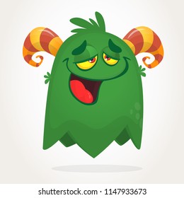 Cartoon green flying monster tired. Vector Halloween illustration of a green horned monster with long tongue. 