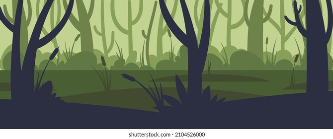 Cartoon green forest background with pond or swamp. Rainforest landscape day silhouette with a water, tree trunks and marsh grass. Vector cartoon illustration of wild jungle, forest.