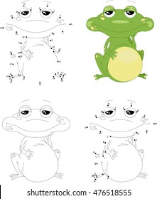 Cartoon green frog. Coloring book and dot to dot educational game for kids