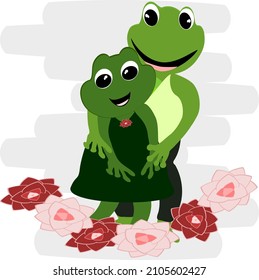 cartoon green frog couple showing love bouquet and heart amphibian vector illustration