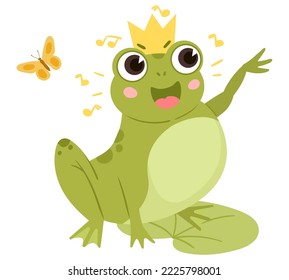 Cartoon green frog in crown sitting in pond. Cute amphibia in natural habitat, froggy animal in pond with water lilies isolated flat vector illustration on white background svg