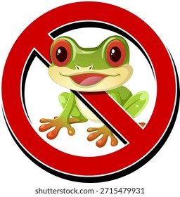 Cartoon green frog inside bold red prohibition symbol, flat vector style, white background