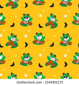 Cartoon green frog with red eyes and tongue seamless pattern on yellow background