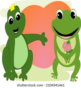 Cartoon green frog showing love, bouquet and heart. Amphibian vector illustration.