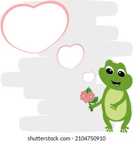 Cartoon green frog showing love, bouquet and heart. Amphibian vector illustration.