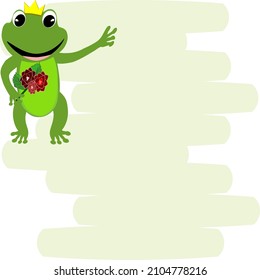 Cartoon green frog showing love, bouquet and heart. Amphibian vector illustration.