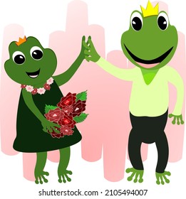 Cartoon green frog showing love, bouquet and heart. Amphibian vector illustration.