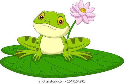 Cartoon green frog sitting on a leaf