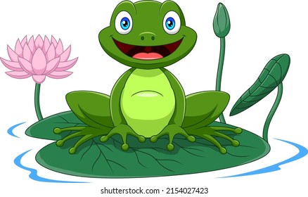 Cartoon green frog sitting on a leaf