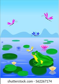 Cartoon green frog sitting on a lily leaf