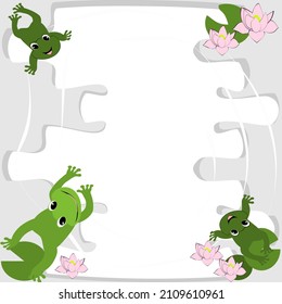 cartoon green frog swimming fun and lotus leaf amphibian vector illustration