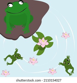 cartoon green frog swimming fun and lotus leaf amphibian vector illustration