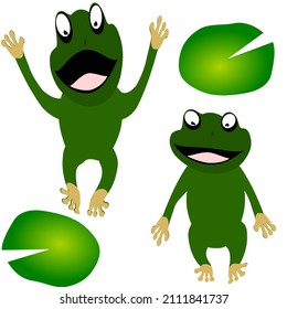 cartoon green frog swimming fun and lotus leaf amphibian vector illustration