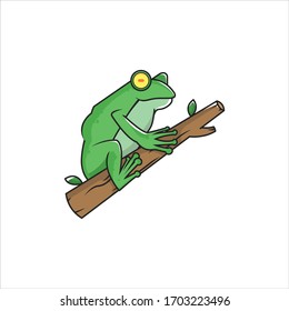 cartoon of green frog vector illustration with yellow eye and is on a twig/wood.