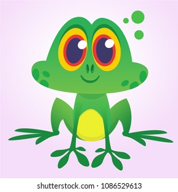 Cartoon green froggy frog mascot character in cartoon style. Vector illustration isolated on white. Design for print, logo or children book illustration