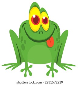 Cartoon green froggy frog mascot character in cartoon style. Vector illustration isolated on white. Design for print or children book illustration