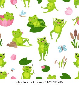 Cartoon green frogs seamless pattern. Frog and lotus, toad in pond eating, relaxing. Water lily and reeds, childish forest animal vector background