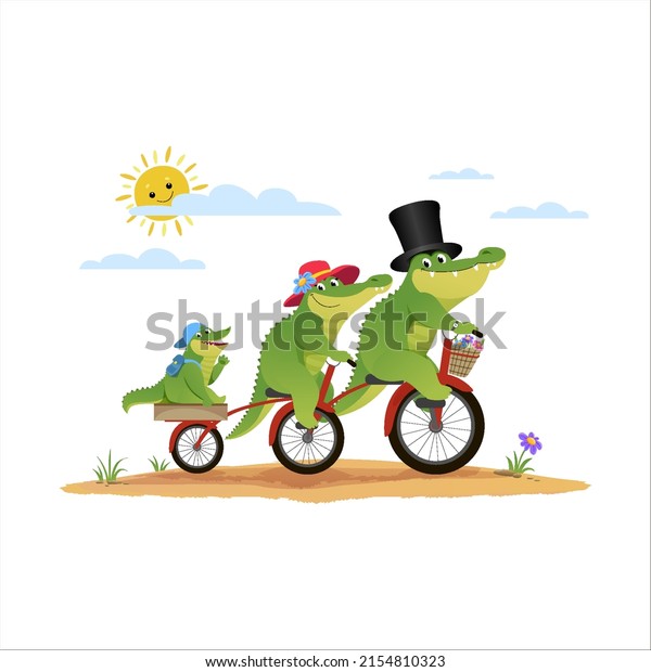 Cartoon green funny crocodile family in a\
hat on a bicycle. Dad, mom, baby crocodile with bicycle.Cute wild\
cyclist.Vector\
illustration