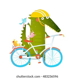 Cartoon green funny crocodile in helmet with bicycle and birds friends. Funny crocodile with bicycle and colorful birdies. Cute wild bicyclist.. Vector illustration