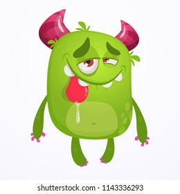 Cartoon green funny monster. Vector Halloween illustration of a green horned monster with long tongue. 