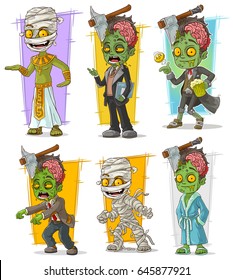Cartoon green funny zombie and mummy monster character vector set