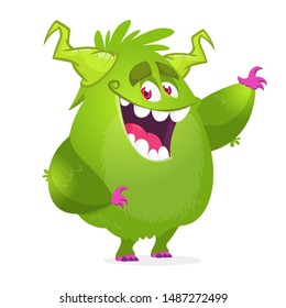 Cartoon green furry monster. Halloween vector illustration of excited monster