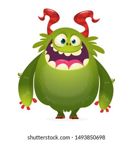 Cartoon green furry monster. Halloween vector illustration of excited monster
