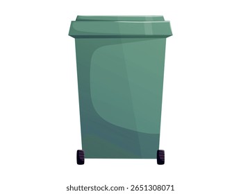 Cartoon green garbage container isolated on white, waste bin illustration ideal for sanitation, recycling, eco campaigns, street cleaning, and environmental design projects.