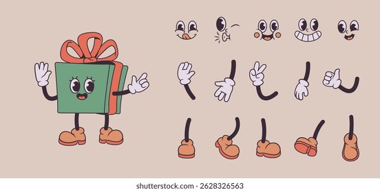 Personagem caixa de presente verde desenho animado com arco vermelho, braços, pernas e rosto expressivo no fundo bege. Conceito de celebração de Natal e aniversário. Estilo mangueira de borracha, mascote groovy retro.