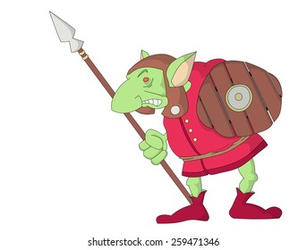 Cartoon green goblin with a spear and a shield.