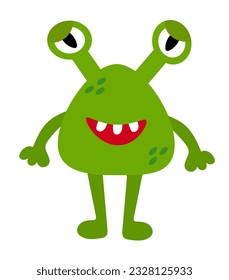 Cartoon green goggle-eyed monster. Kids character design for poster, baby products logo and packaging. Vector flat illustration.