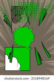 Fundo dos desenhos animados verde e cinza, pano de fundo dos quadrinhos. Quadrinhos vetoriais retrô com design de arte pop.