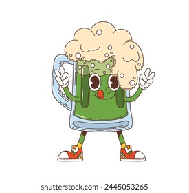 Cartoon green groovy ale beer character, saint Patrick day holiday mug personage. Isolated vector funky glass cup filled with traditional foamy Irish drink, showing peace gesture and sticking tongue