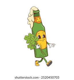Cartoon green groovy beer bottle character, saint Patrick day holiday personage in retro hippie style. Isolated vector glass flask with traditional foamy Irish ale drink, carrying lush clover bouquet