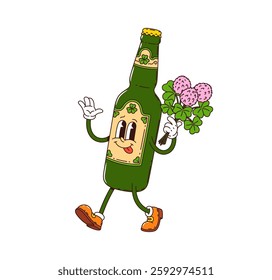 Cartoon green groovy beer bottle character carrying lush clover bouquet, saint Patrick day holiday retro personage in hippie shoes. Isolated vector glass flask with traditional foamy Irish ale drink