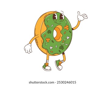 Personaje de donut groovy verde de dibujos animados, personaje de vacaciones del día de San Patricio. Pastel de donuts de Vector aislado con esmalte y trébol colorido en estilo hippie retro o ambiente nostálgico vintage de los años 70