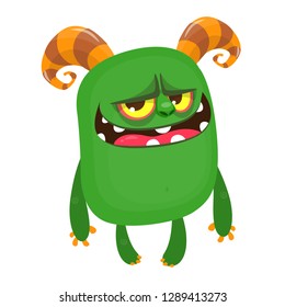 Cartoon green grumpy monster. Tiny little monster  illustration for Halloween
