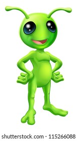 Cartoon green  happy friendly alien standing with his hands on his hips