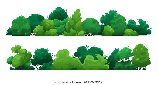 Cartoon grüne Hecke. Blumenstrauch mit Blättern, Pflanzen im botanischen Garten mit Zweigen, einfacher stilisierter Buschzaun. Vektor-isolierter Satz von Garten-Natur-Busch-Illustration