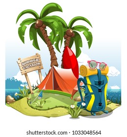 A cartoon green hill near the sea with palm trees, a tent, backpack and a surfboard on the background of a signboard with an inscription "Summer Vacation"