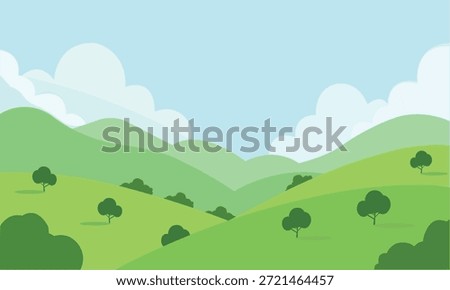 Cartoon green hills landscape with clouds and blue sky nature background vector illustration