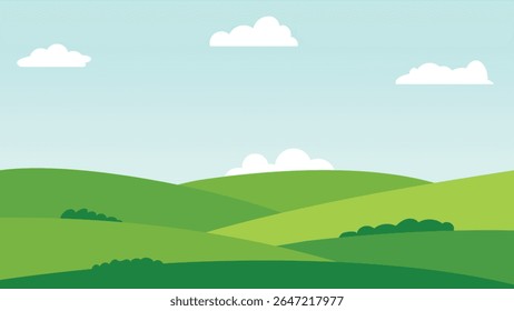 Desenho animado Green Hills Vetor Background, Clouds and Bushes for Children's Illustration