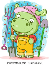 The cartoon of the green hippopotamus is holding scope around utensil