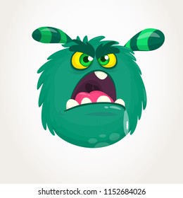 Cartoon green horned monster with angry expression opened mouth full of saliva. Vector illustration isolated