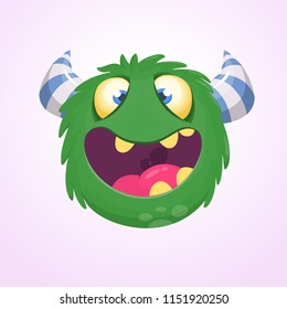 Cartoon green horned monster. Vector illustration isolated